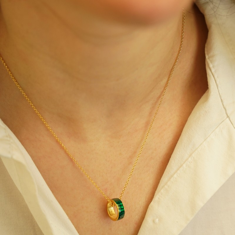 Necklace in silver 925 gold plated with green enamel GRE-60223