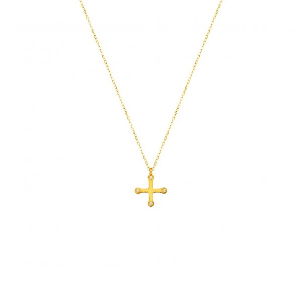 Handmade cross in K14 yellow gold with white zircon KRI-S23