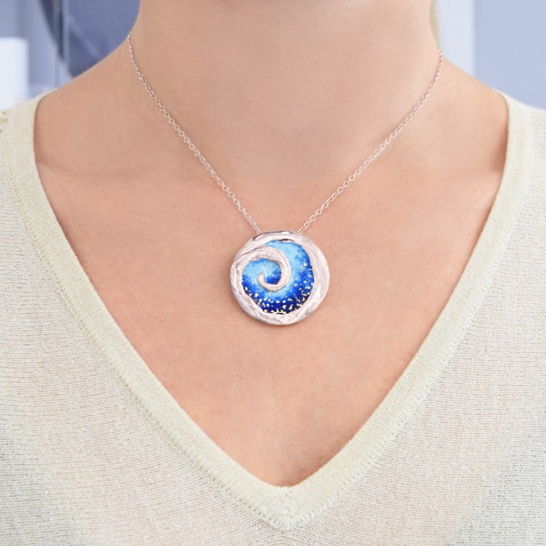 Handmade spiral Pendant in silver 950 platinum plated with enamel KON-110M8