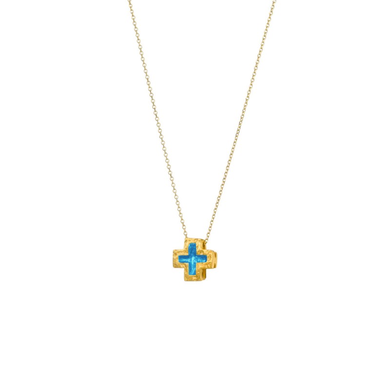 Handmade cross pendant in silver 950 gold plated with turquoise enamel KON-A43M2X