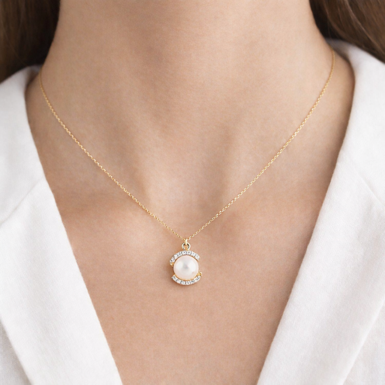 14K Gold Akoya Pearl Necklace with Cubic Zirconia | Arodou.gr