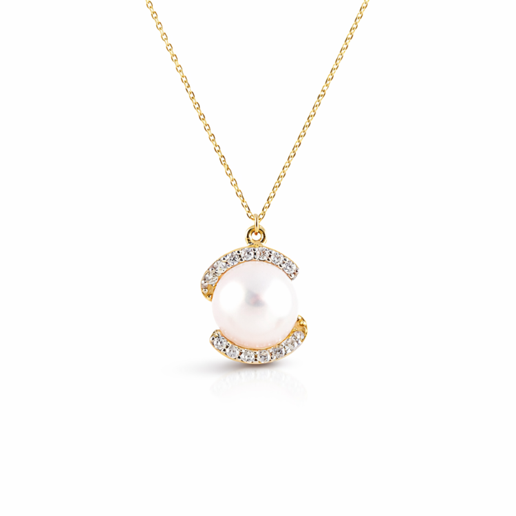 14K Gold Akoya Pearl Necklace with Cubic Zirconia | Arodou.gr